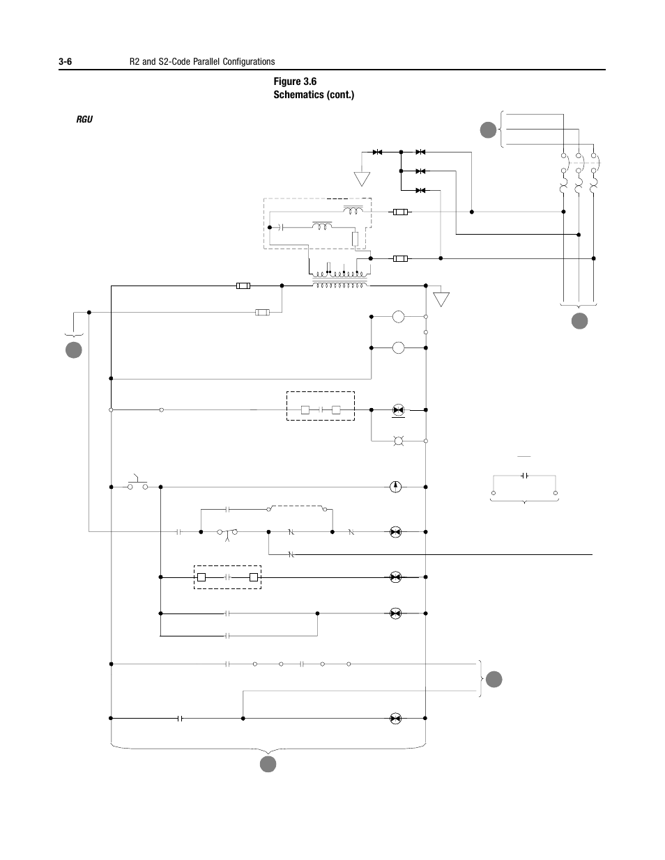 Figure 3.6 schematics (cont.), 6 r2 and s2-code parallel configurations, Ac d e | Rockwell Automation 2364P Parallel DC Bus Supply Config. User Manual | Page 40 / 217