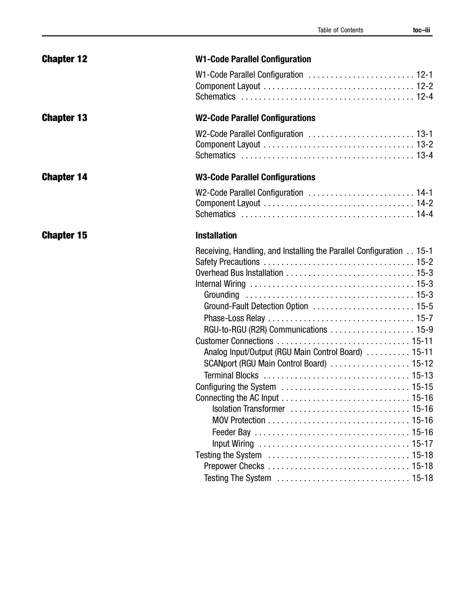 Chapter 12, W1-code parallel configuration, Chapter 13 | W2-code parallel configurations, Chapter 14, W3-code parallel configurations, Chapter 15, Installation | Rockwell Automation 2364P Parallel DC Bus Supply Config. User Manual | Page 5 / 217