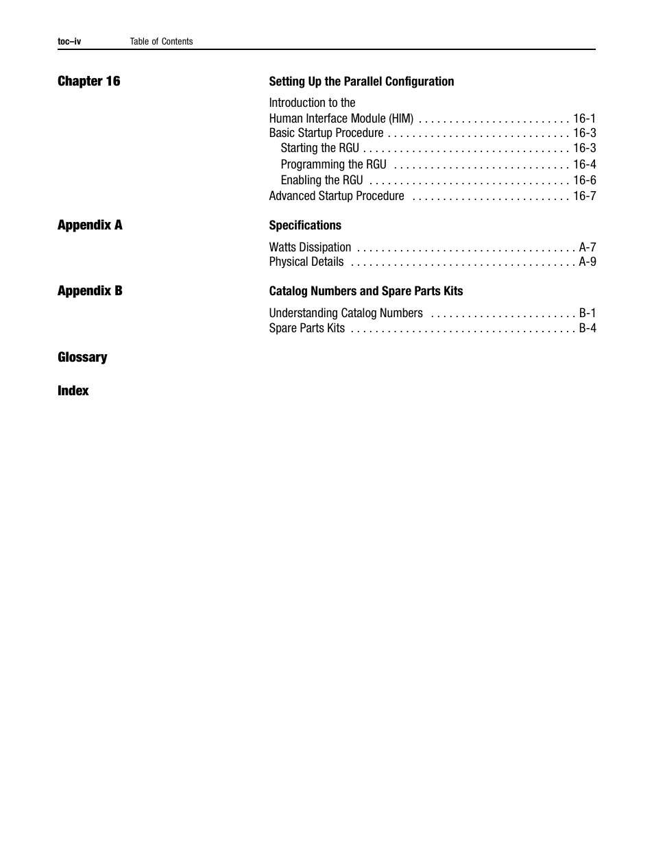 Chapter 16, Setting up the parallel configuration, Appendix a | Specifications, Appendix b, Catalog numbers and spare parts kits, Glossary, Index | Rockwell Automation 2364P Parallel DC Bus Supply Config. User Manual | Page 6 / 217