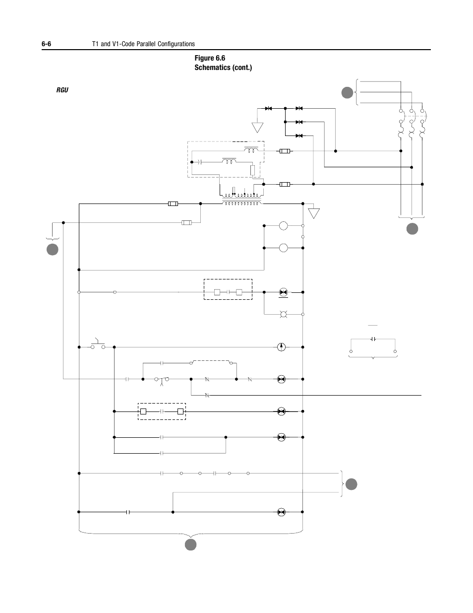 Figure 6.6 schematics (cont.), 6 t1 and v1-code parallel configurations, Ac d e | Rockwell Automation 2364P Parallel DC Bus Supply Config. User Manual | Page 70 / 217