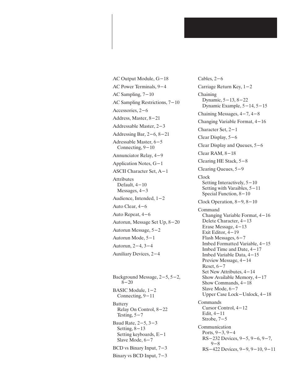 Index | Rockwell Automation 2706 DL20 SERIES G USER MANUAL User Manual | Page 178 / 186