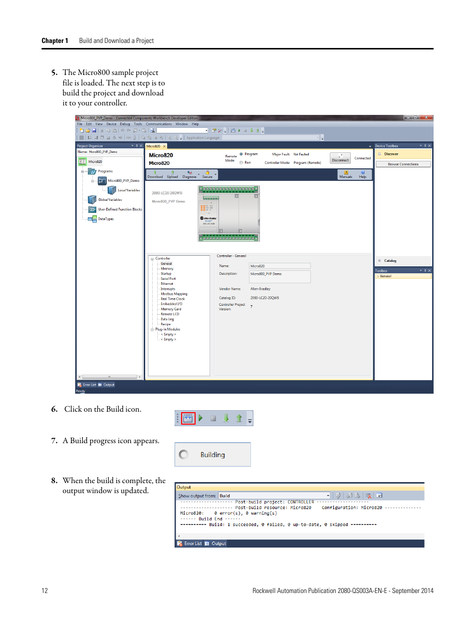 Click on the build icon, A build progress icon appears | Rockwell Automation 2080-LC50 Micro800 Programmable Controllers: Getting Started with PanelView Plus User Manual | Page 12 / 62