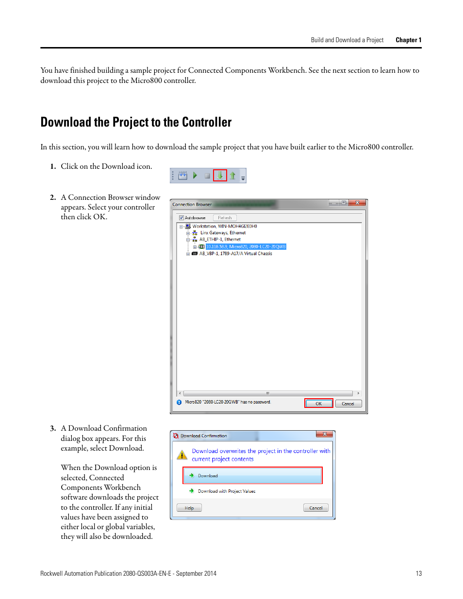 Download the project to the controller, Click on the download icon | Rockwell Automation 2080-LC50 Micro800 Programmable Controllers: Getting Started with PanelView Plus User Manual | Page 13 / 62