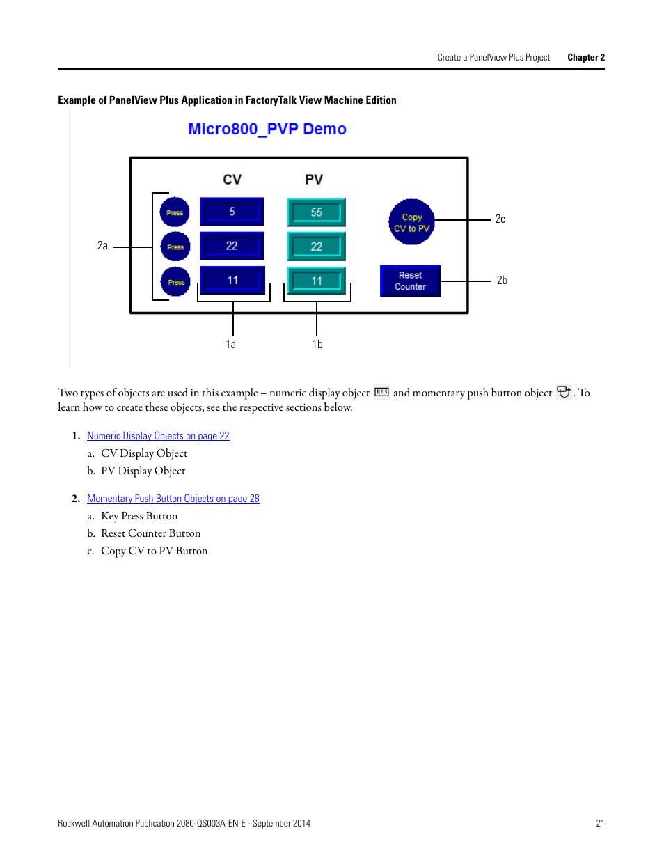 A. cv display object, B. pv display object, A. key press button | B. reset counter button, C. copy cv to pv button | Rockwell Automation 2080-LC50 Micro800 Programmable Controllers: Getting Started with PanelView Plus User Manual | Page 21 / 62