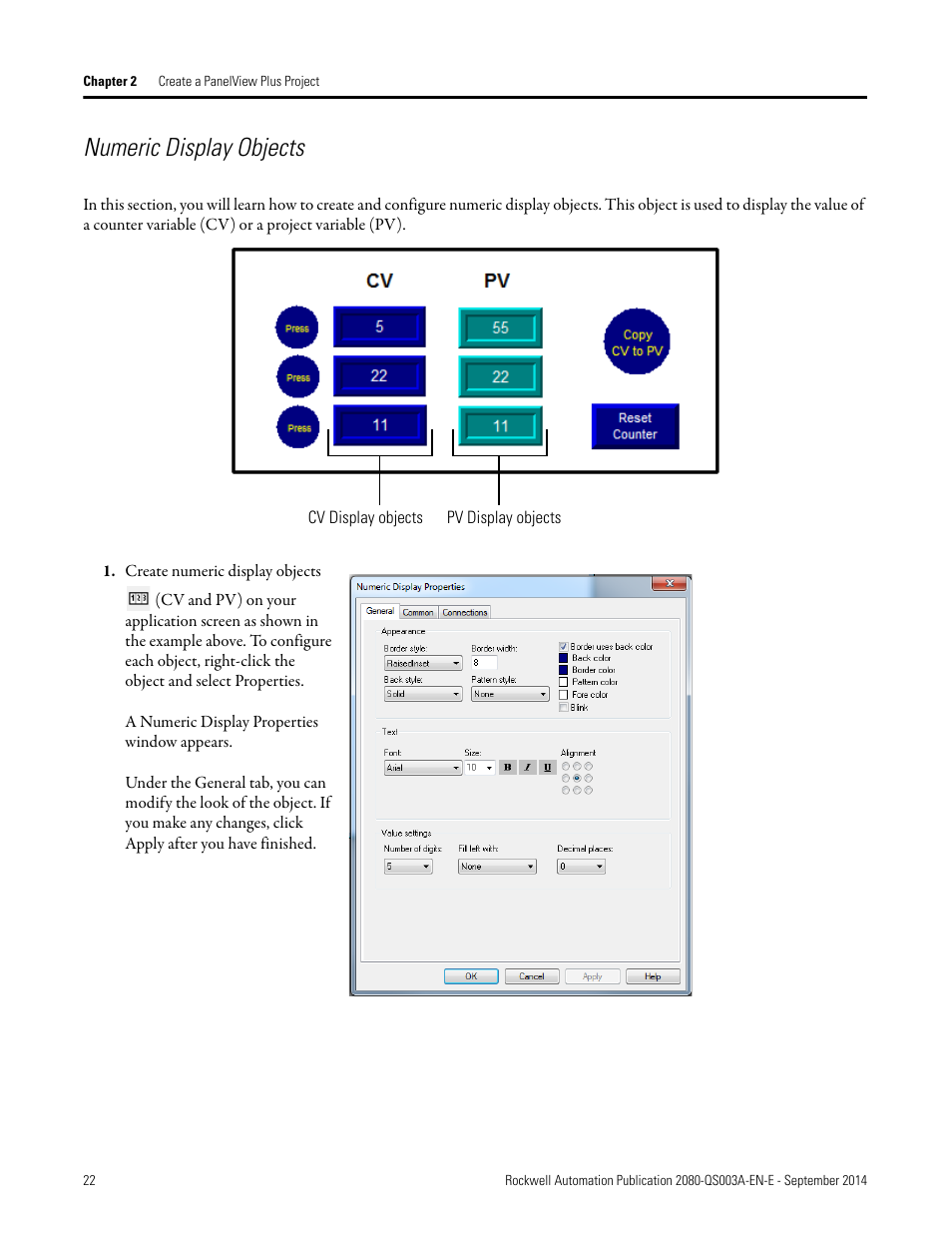 Numeric display objects | Rockwell Automation 2080-LC50 Micro800 Programmable Controllers: Getting Started with PanelView Plus User Manual | Page 22 / 62