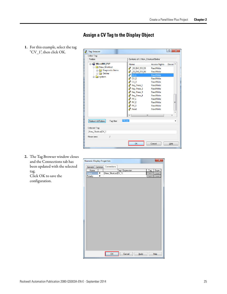 Assign a cv tag to the display object, Assign a cv tag to the | Rockwell Automation 2080-LC50 Micro800 Programmable Controllers: Getting Started with PanelView Plus User Manual | Page 25 / 62