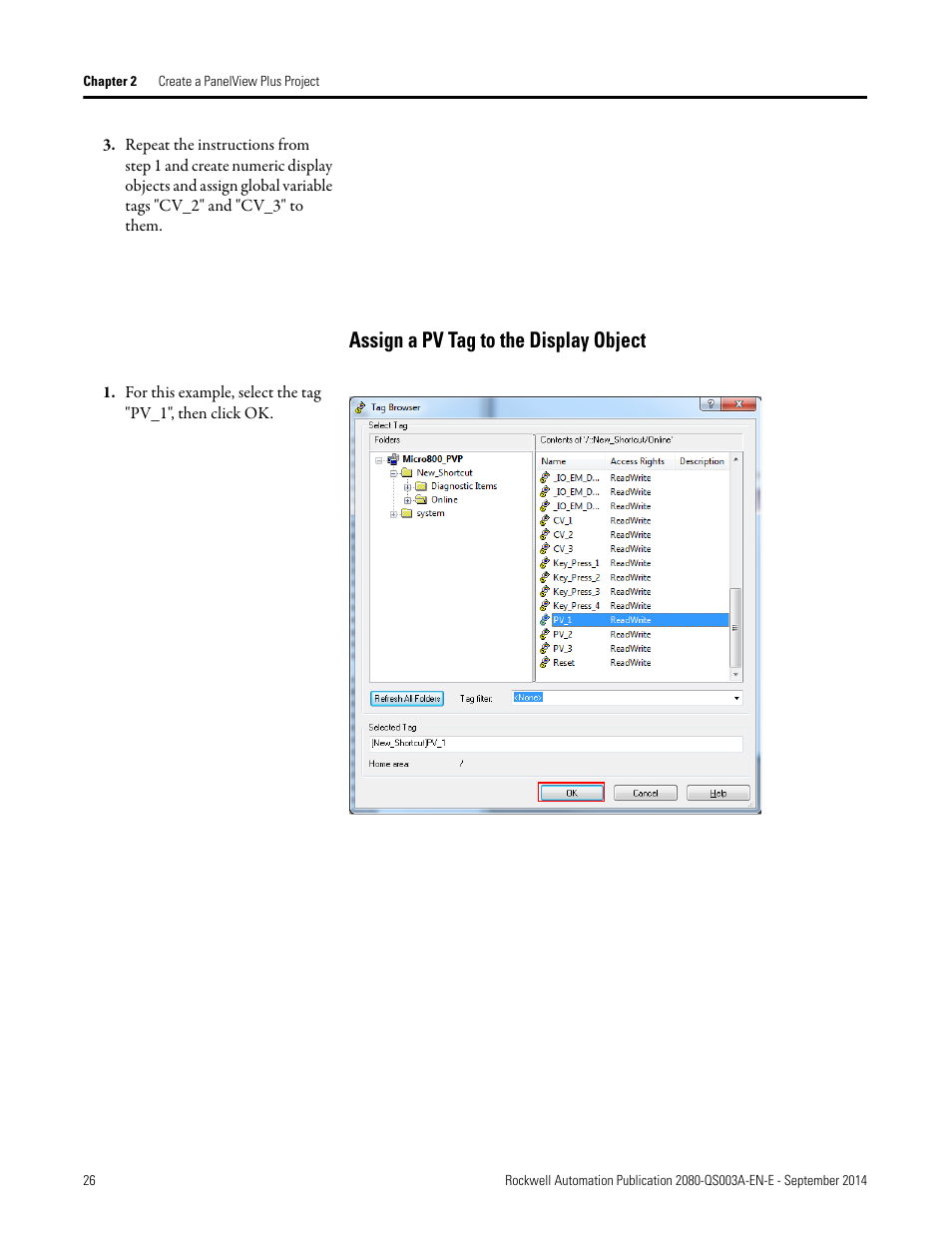 Assign a pv tag to the display object, Assign a pv tag to the | Rockwell Automation 2080-LC50 Micro800 Programmable Controllers: Getting Started with PanelView Plus User Manual | Page 26 / 62