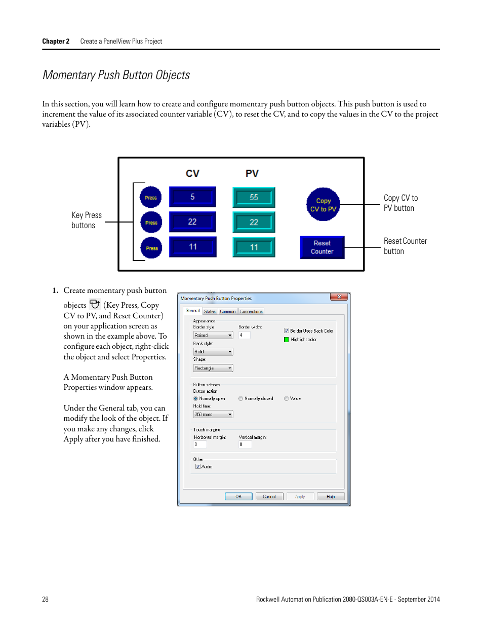 Momentary push button objects | Rockwell Automation 2080-LC50 Micro800 Programmable Controllers: Getting Started with PanelView Plus User Manual | Page 28 / 62