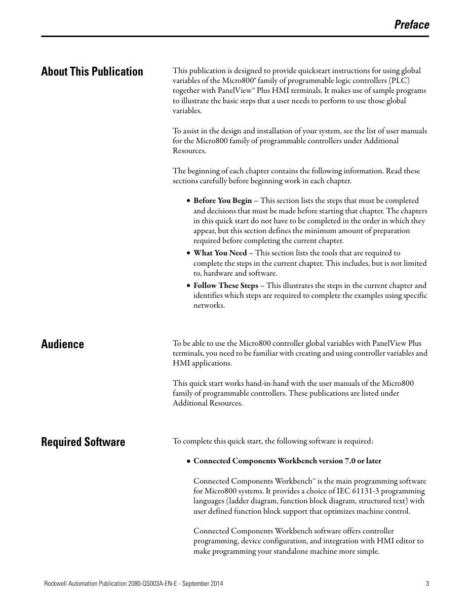 Preface, About this publication, Audience | Required software, Preface about this publication | Rockwell Automation 2080-LC50 Micro800 Programmable Controllers: Getting Started with PanelView Plus User Manual | Page 3 / 62