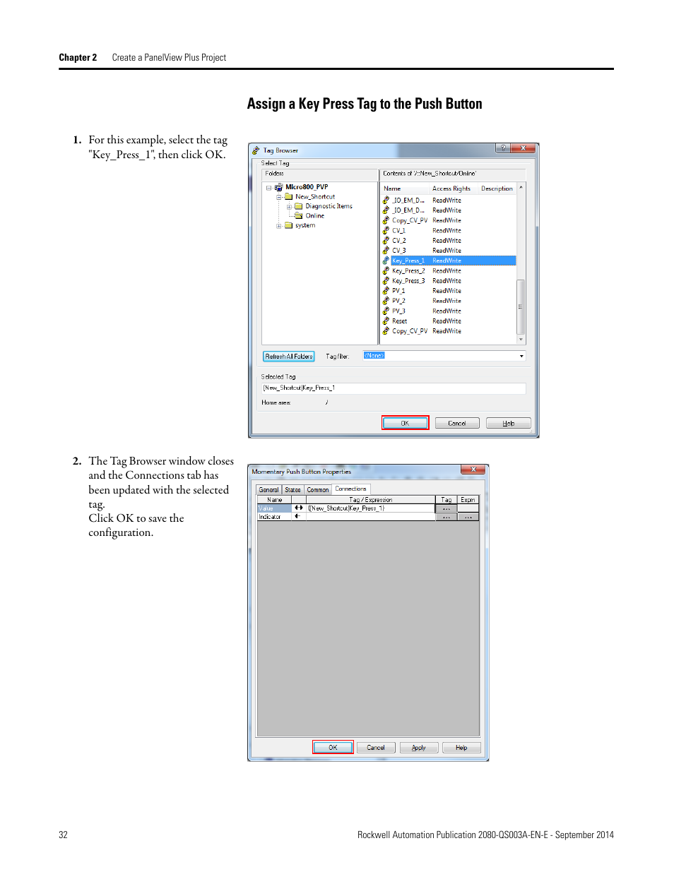 Assign a key press tag to the push button, Assign a key | Rockwell Automation 2080-LC50 Micro800 Programmable Controllers: Getting Started with PanelView Plus User Manual | Page 32 / 62
