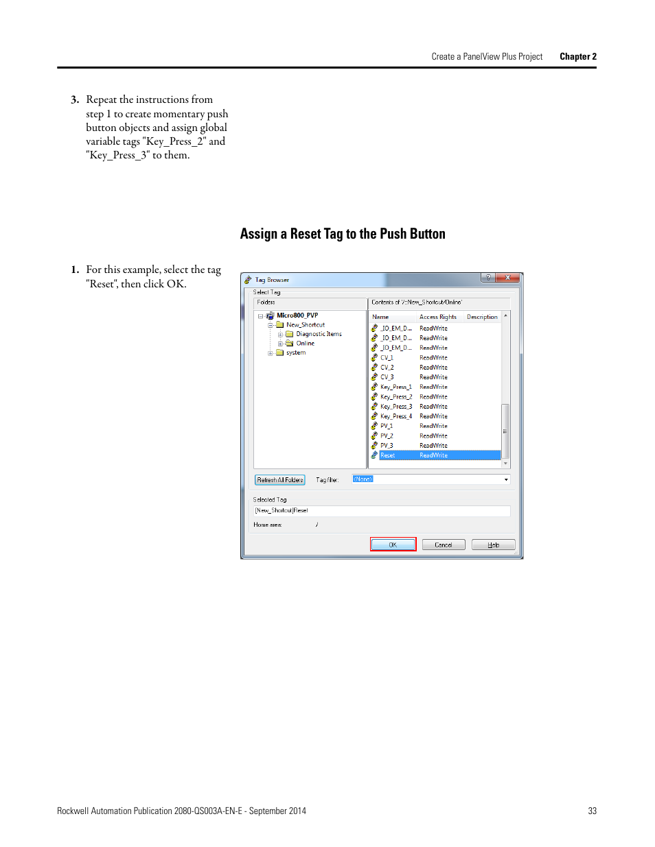 Assign a reset tag to the push button | Rockwell Automation 2080-LC50 Micro800 Programmable Controllers: Getting Started with PanelView Plus User Manual | Page 33 / 62