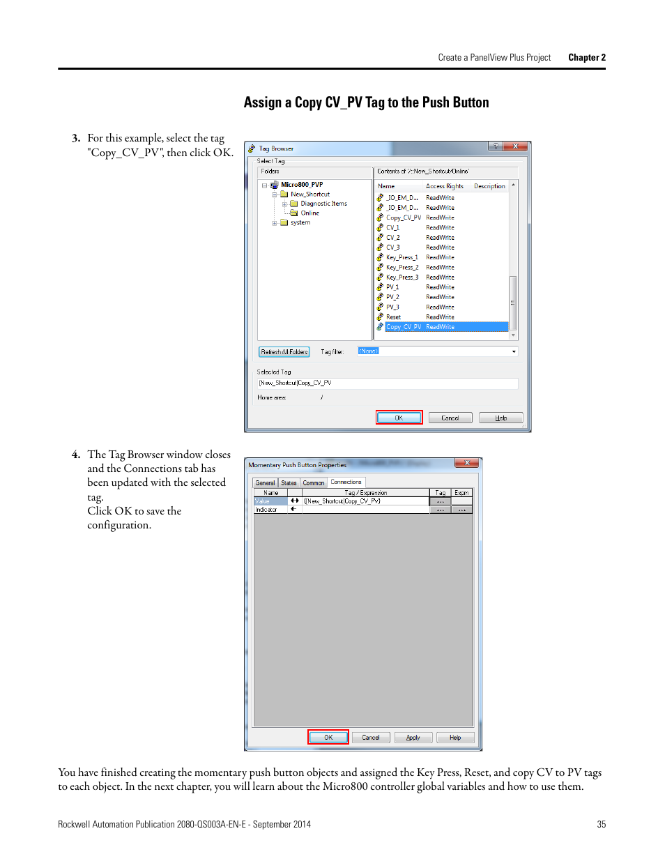 Assign a copy cv_pv tag to the push button, Assign a copy cv_pv tag | Rockwell Automation 2080-LC50 Micro800 Programmable Controllers: Getting Started with PanelView Plus User Manual | Page 35 / 62