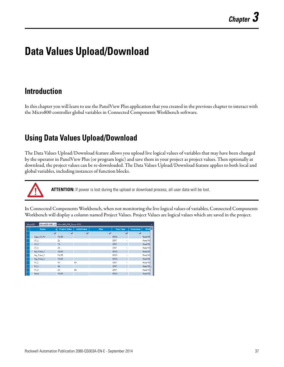 3 – data values upload/download, Data values upload/download, Introduction | Using data values upload/download | Rockwell Automation 2080-LC50 Micro800 Programmable Controllers: Getting Started with PanelView Plus User Manual | Page 37 / 62