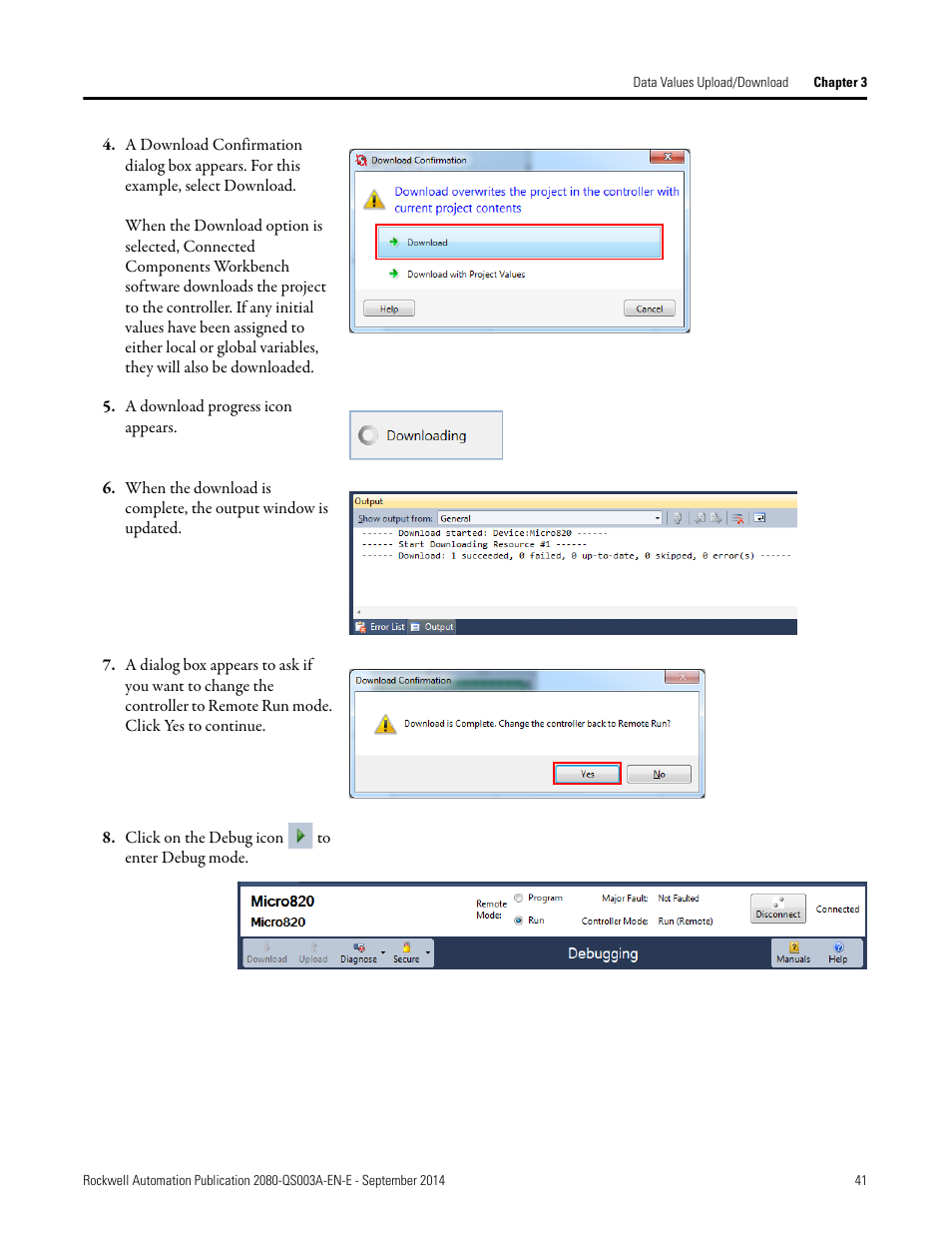 A download progress icon appears, Click on the debug icon to enter debug mode | Rockwell Automation 2080-LC50 Micro800 Programmable Controllers: Getting Started with PanelView Plus User Manual | Page 41 / 62