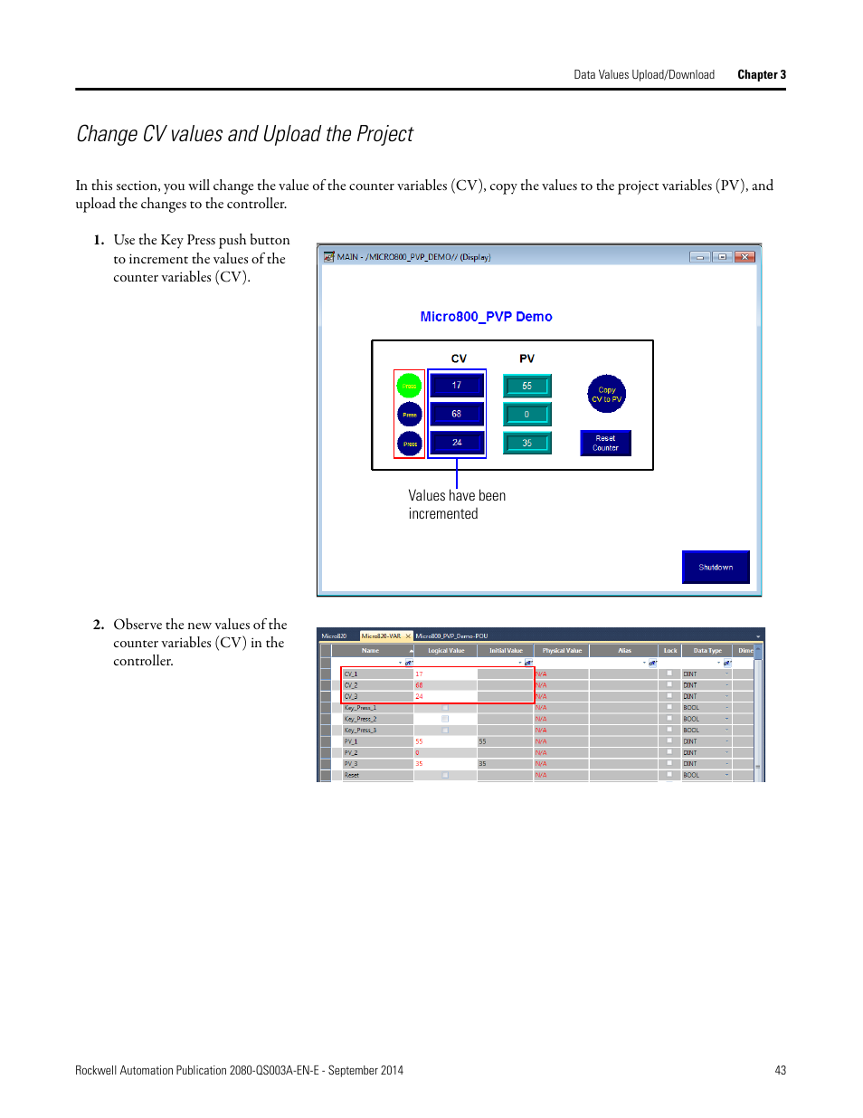 Change cv values and upload the project | Rockwell Automation 2080-LC50 Micro800 Programmable Controllers: Getting Started with PanelView Plus User Manual | Page 43 / 62