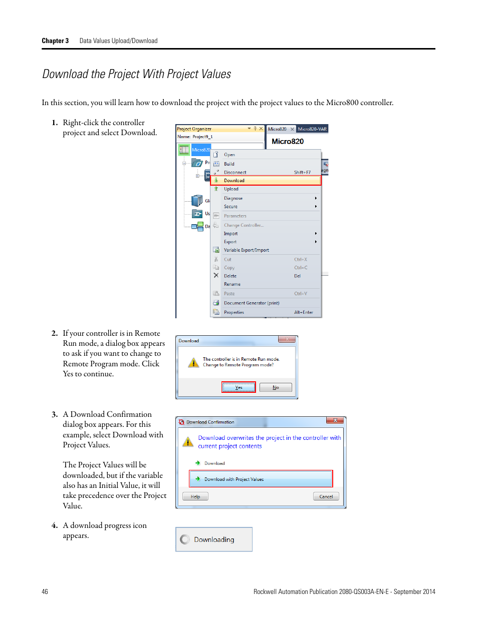 Download the project with project values, A download progress icon appears | Rockwell Automation 2080-LC50 Micro800 Programmable Controllers: Getting Started with PanelView Plus User Manual | Page 46 / 62