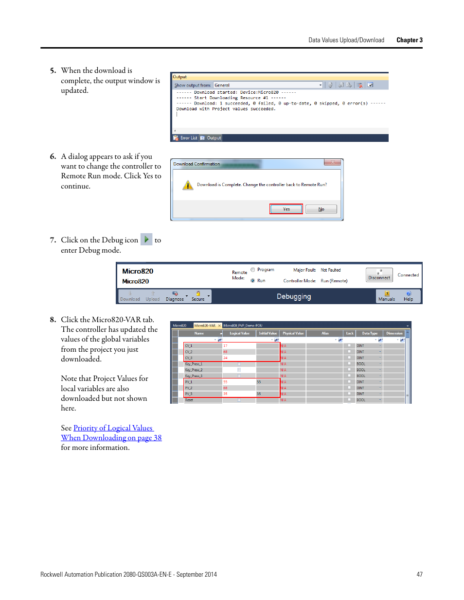 Click on the debug icon to enter debug mode | Rockwell Automation 2080-LC50 Micro800 Programmable Controllers: Getting Started with PanelView Plus User Manual | Page 47 / 62