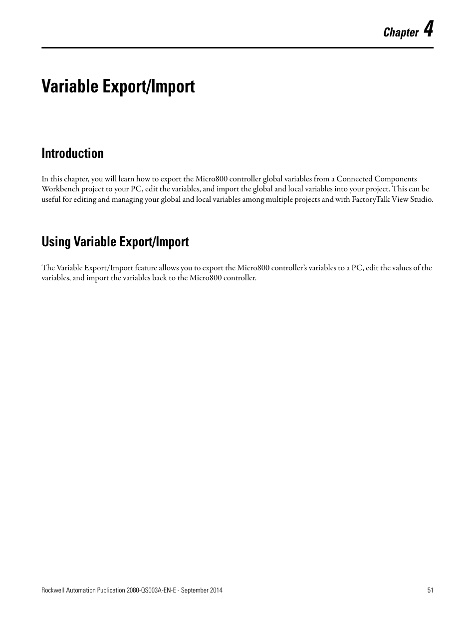 4 – variable export/import, Variable export/import, Introduction | Using variable export/import | Rockwell Automation 2080-LC50 Micro800 Programmable Controllers: Getting Started with PanelView Plus User Manual | Page 51 / 62