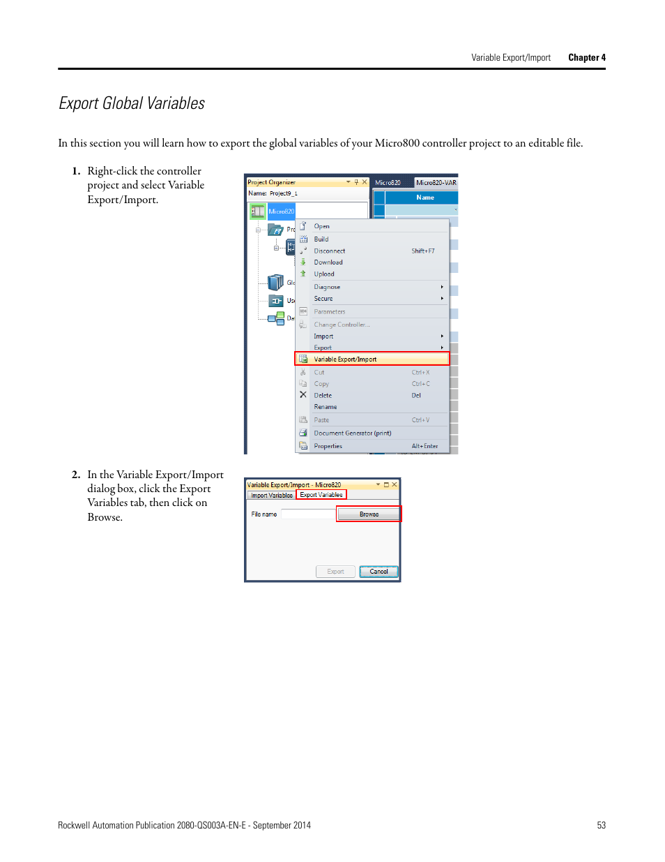 Export global variables | Rockwell Automation 2080-LC50 Micro800 Programmable Controllers: Getting Started with PanelView Plus User Manual | Page 53 / 62