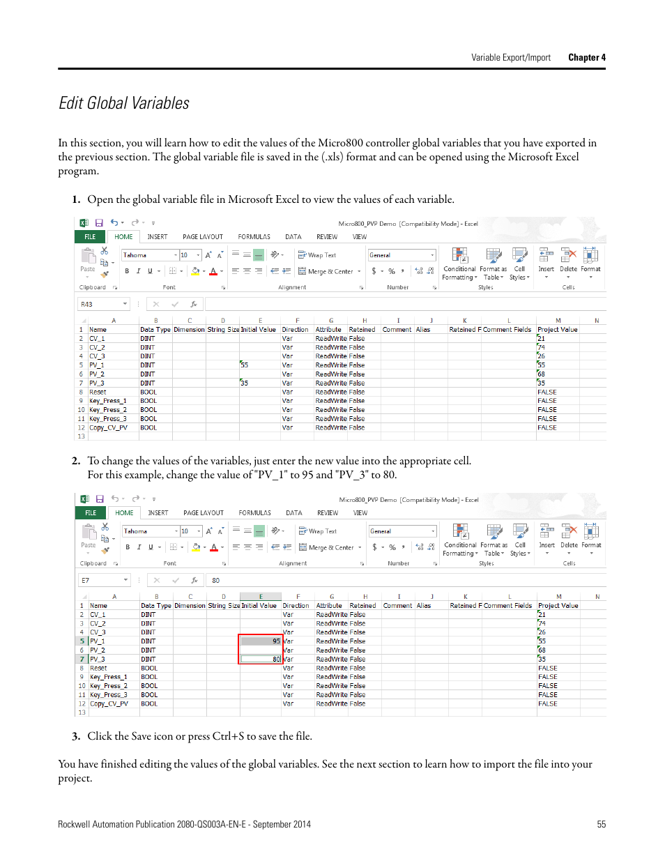 Edit global variables | Rockwell Automation 2080-LC50 Micro800 Programmable Controllers: Getting Started with PanelView Plus User Manual | Page 55 / 62