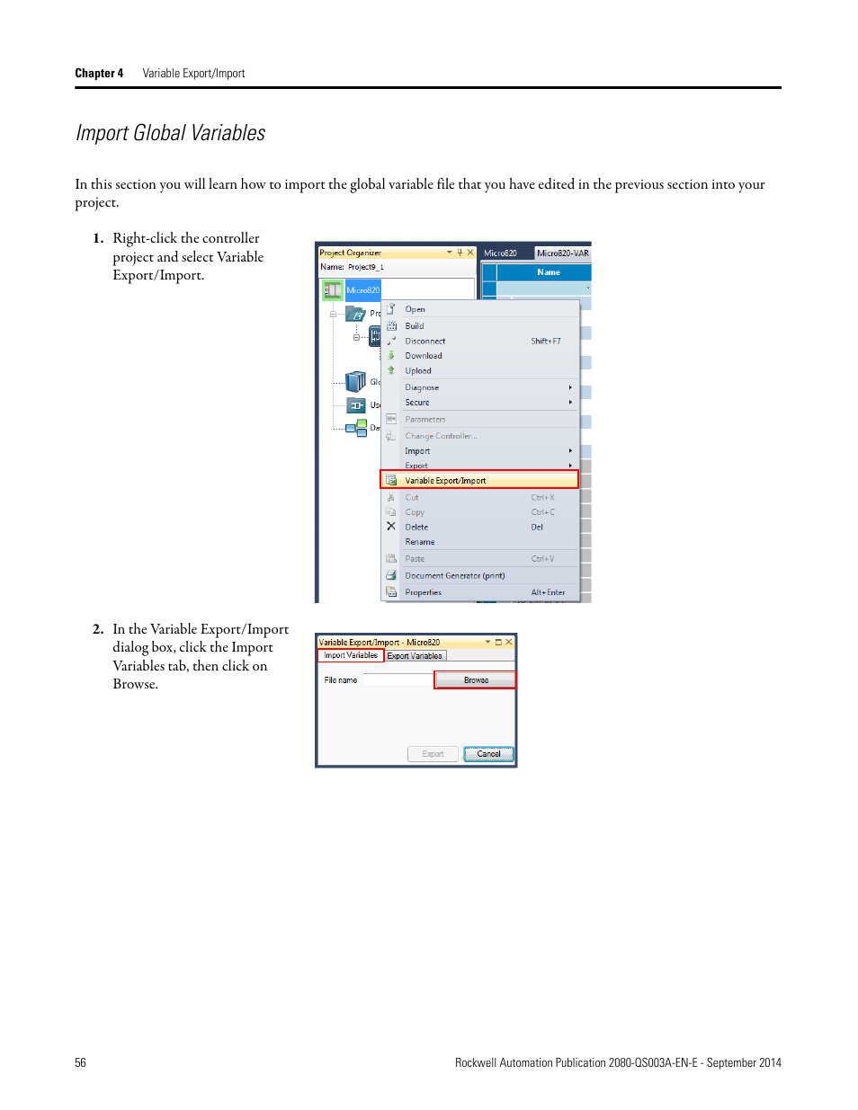 Import global variables | Rockwell Automation 2080-LC50 Micro800 Programmable Controllers: Getting Started with PanelView Plus User Manual | Page 56 / 62