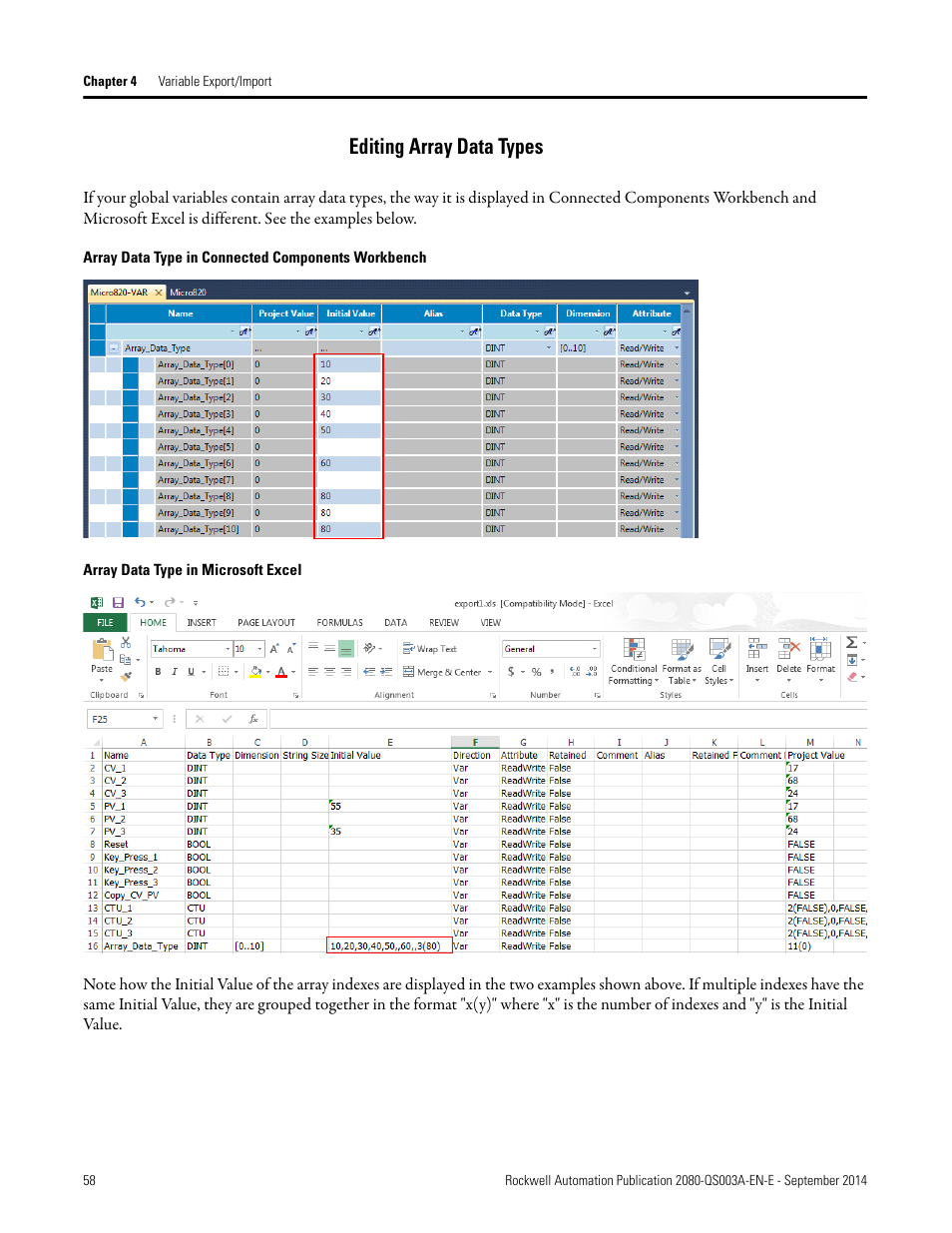 Editing array data types, Array data type in connected components workbench, Array data type in microsoft excel | Rockwell Automation 2080-LC50 Micro800 Programmable Controllers: Getting Started with PanelView Plus User Manual | Page 58 / 62