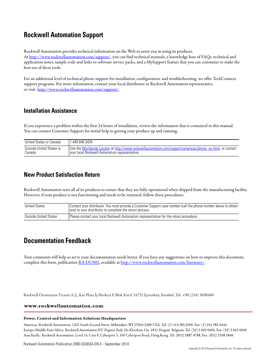 Back cover, Rockwell automation support, Documentation feedback | Installation assistance, New product satisfaction return | Rockwell Automation 2080-LC50 Micro800 Programmable Controllers: Getting Started with PanelView Plus User Manual | Page 62 / 62
