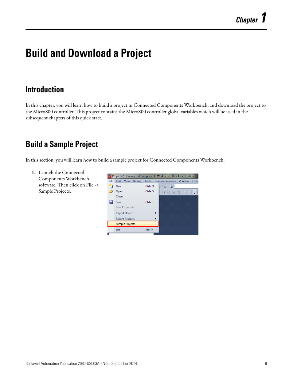 1 – build and download a project, Build and download a project, Introduction | Build a sample project | Rockwell Automation 2080-LC50 Micro800 Programmable Controllers: Getting Started with PanelView Plus User Manual | Page 9 / 62