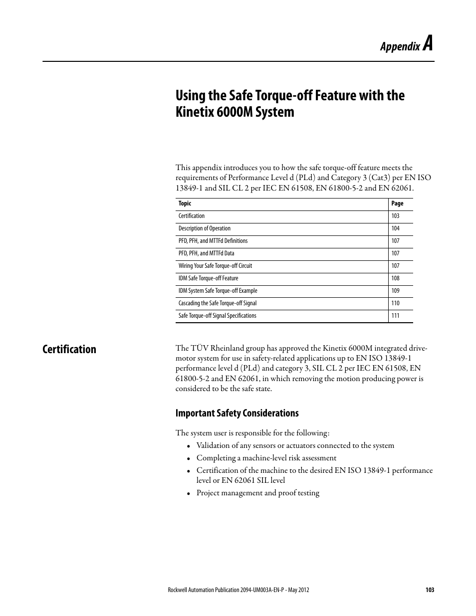 Appendix a, Certification, Important safety considerations | For sa, System, Appendix | Rockwell Automation MDF-SB1304F Kinetix 6000M Integrated Drive-Motor System User Manual | Page 103 / 144