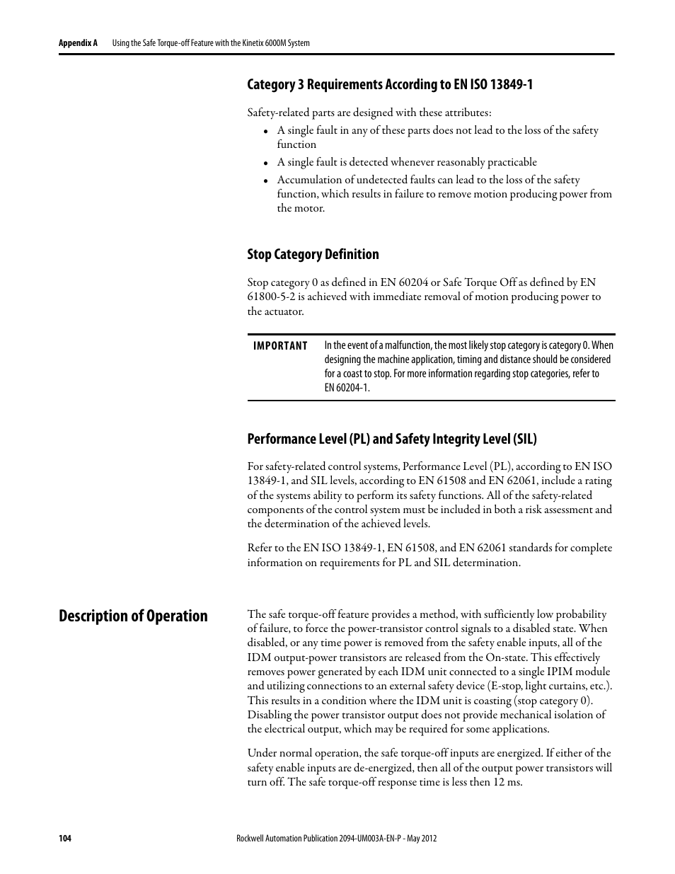 Stop category definition, Description of operation | Rockwell Automation MDF-SB1304F Kinetix 6000M Integrated Drive-Motor System User Manual | Page 104 / 144