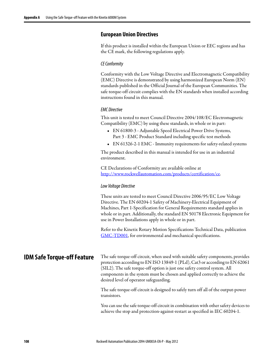 European union directives, Idm safe torque-off feature | Rockwell Automation MDF-SB1304F Kinetix 6000M Integrated Drive-Motor System User Manual | Page 108 / 144