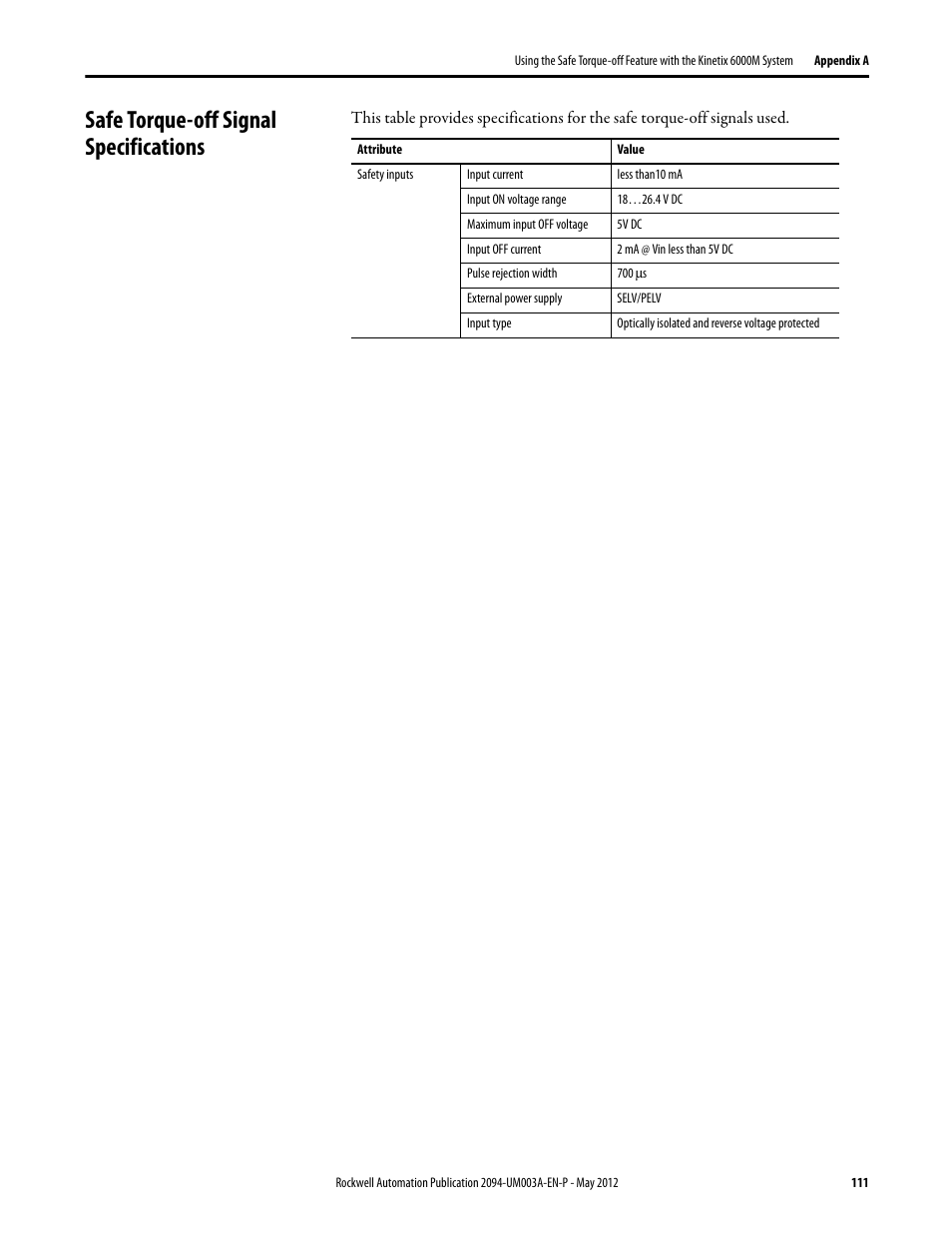 Safe torque-off signal specifications | Rockwell Automation MDF-SB1304F Kinetix 6000M Integrated Drive-Motor System User Manual | Page 111 / 144