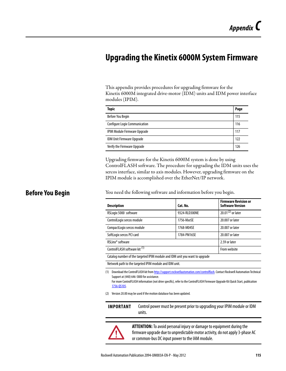 Appendix c, Upgrading the kinetix 6000m system firmware, Before you begin | Appendix | Rockwell Automation MDF-SB1304F Kinetix 6000M Integrated Drive-Motor System User Manual | Page 115 / 144