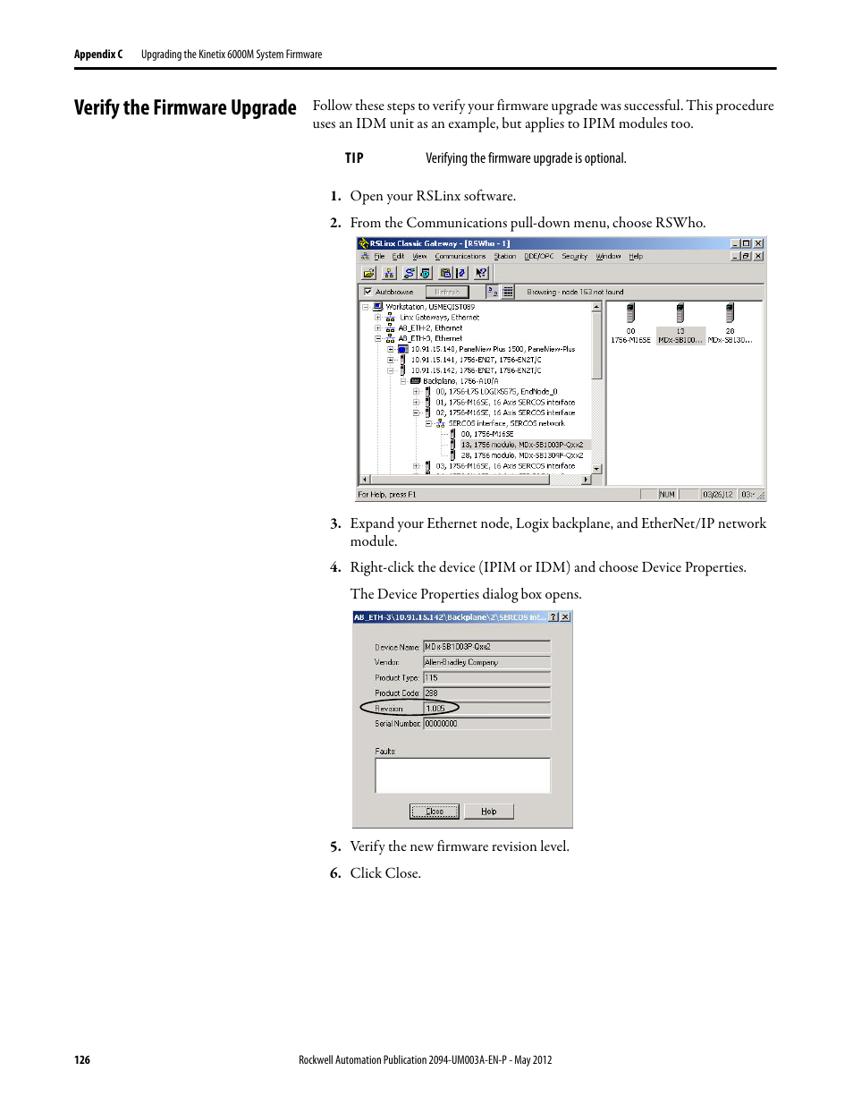 Verify the firmware upgrade | Rockwell Automation MDF-SB1304F Kinetix 6000M Integrated Drive-Motor System User Manual | Page 126 / 144