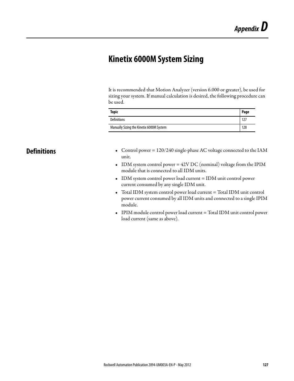 Appendix d, Kinetix 6000m system sizing, Definitions | Kinetix 6000m system, Sizing, Appendix | Rockwell Automation MDF-SB1304F Kinetix 6000M Integrated Drive-Motor System User Manual | Page 127 / 144