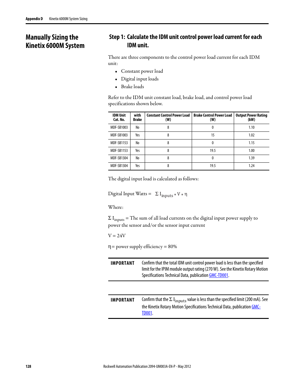 Manually sizing the kinetix 6000m system | Rockwell Automation MDF-SB1304F Kinetix 6000M Integrated Drive-Motor System User Manual | Page 128 / 144