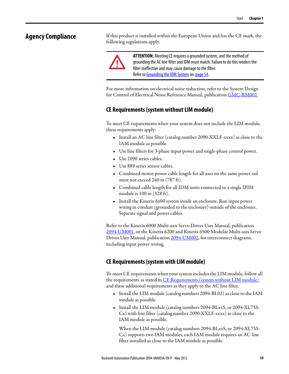 Agency compliance, Ce requirements (system without lim module), Ce requirements (system with lim module) | Rockwell Automation MDF-SB1304F Kinetix 6000M Integrated Drive-Motor System User Manual | Page 19 / 144