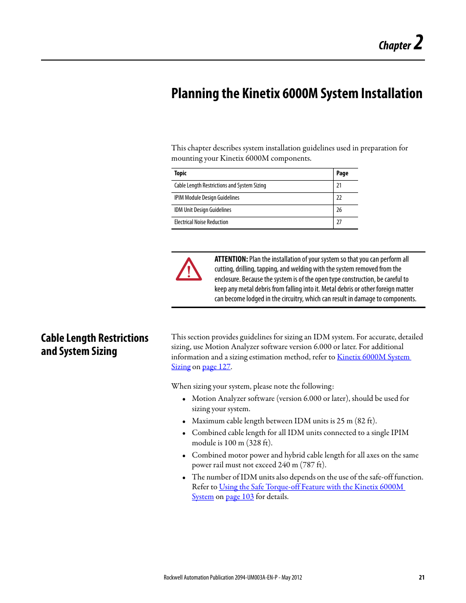 Chapter 2, Planning the kinetix 6000m system installation, Cable length restrictions and system sizing | Chapter | Rockwell Automation MDF-SB1304F Kinetix 6000M Integrated Drive-Motor System User Manual | Page 21 / 144