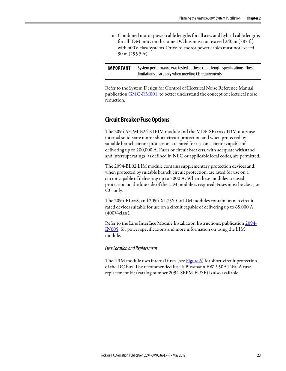 Circuit breaker/fuse options | Rockwell Automation MDF-SB1304F Kinetix 6000M Integrated Drive-Motor System User Manual | Page 23 / 144