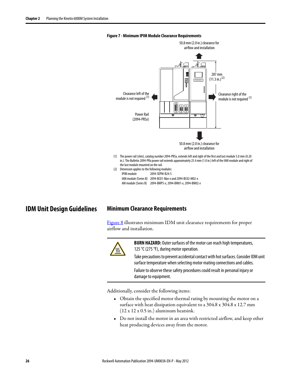 Idm unit design guidelines, Minimum clearance requirements | Rockwell Automation MDF-SB1304F Kinetix 6000M Integrated Drive-Motor System User Manual | Page 26 / 144