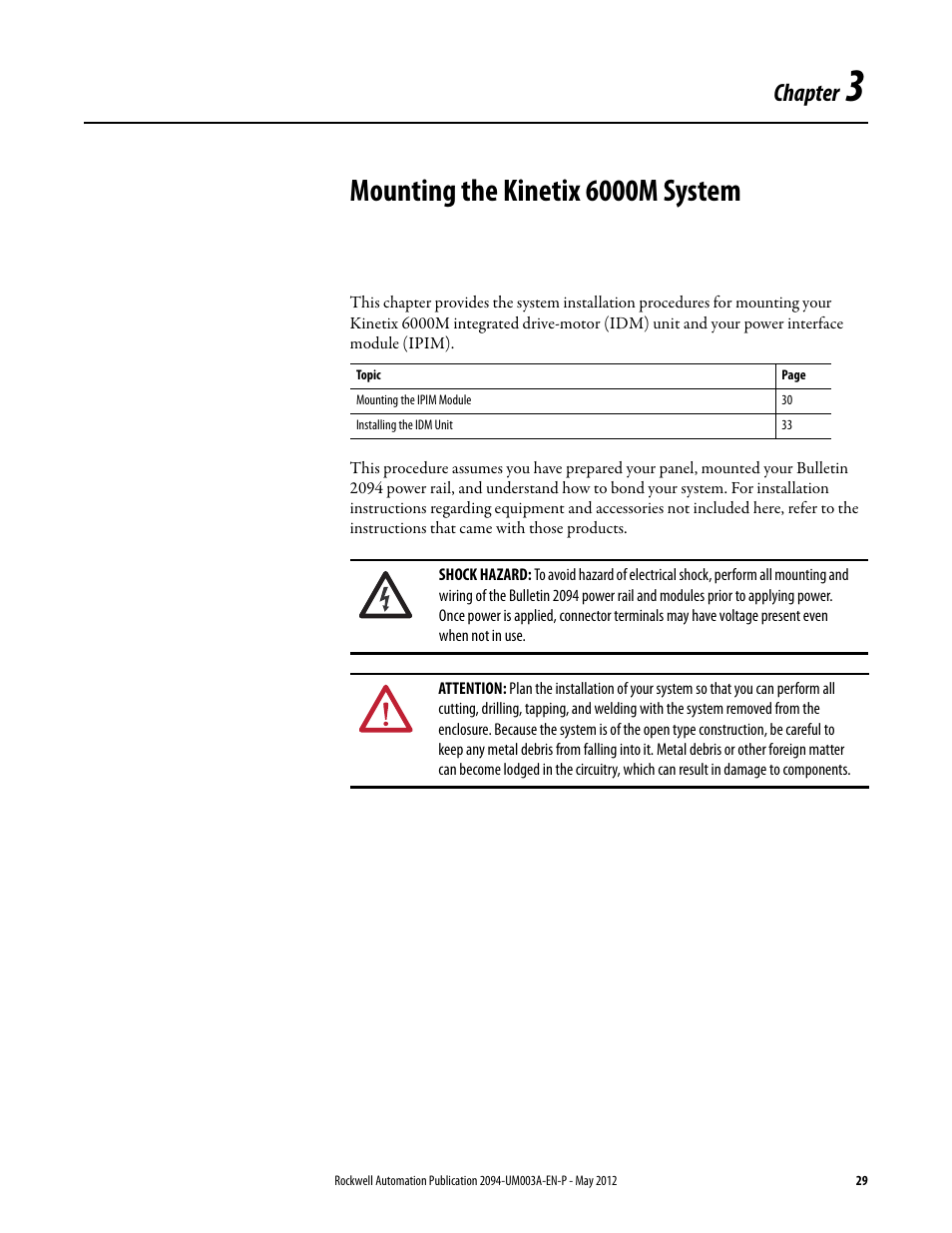 Chapter 3, Mounting the kinetix 6000m system, Chapter | Rockwell Automation MDF-SB1304F Kinetix 6000M Integrated Drive-Motor System User Manual | Page 29 / 144