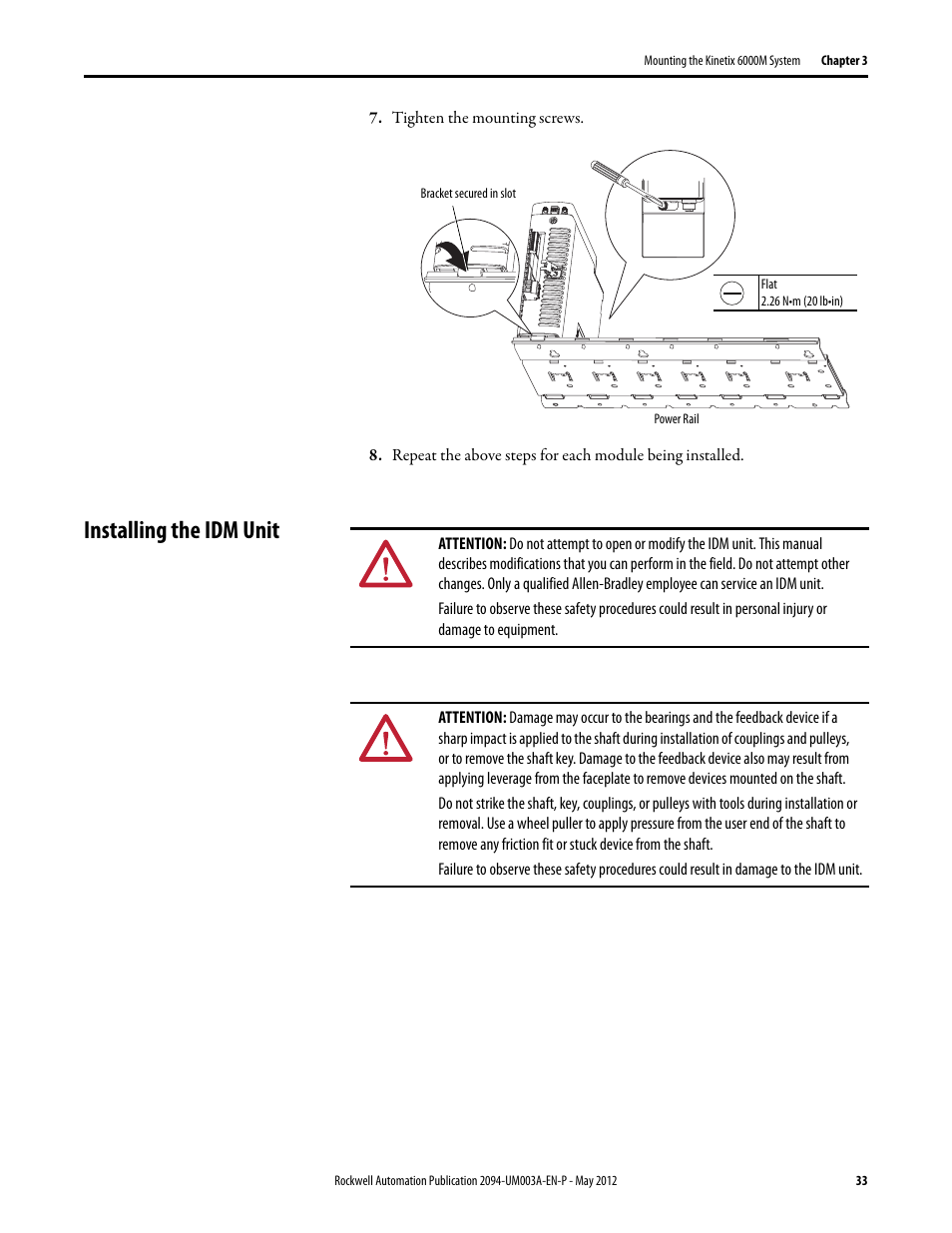 Installing the idm unit | Rockwell Automation MDF-SB1304F Kinetix 6000M Integrated Drive-Motor System User Manual | Page 33 / 144