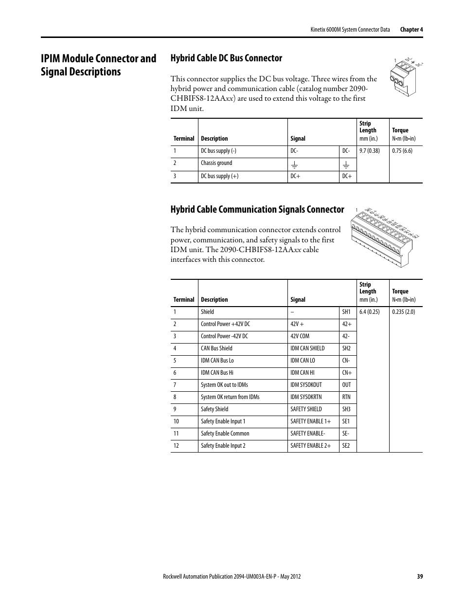 Ipim module connector and signal descriptions, Hybrid cable dc bus connector, Hybrid cable communication signals connector | Rockwell Automation MDF-SB1304F Kinetix 6000M Integrated Drive-Motor System User Manual | Page 39 / 144