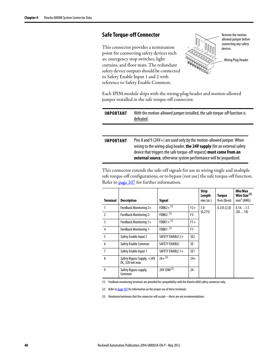 Safe torque-off connector | Rockwell Automation MDF-SB1304F Kinetix 6000M Integrated Drive-Motor System User Manual | Page 40 / 144