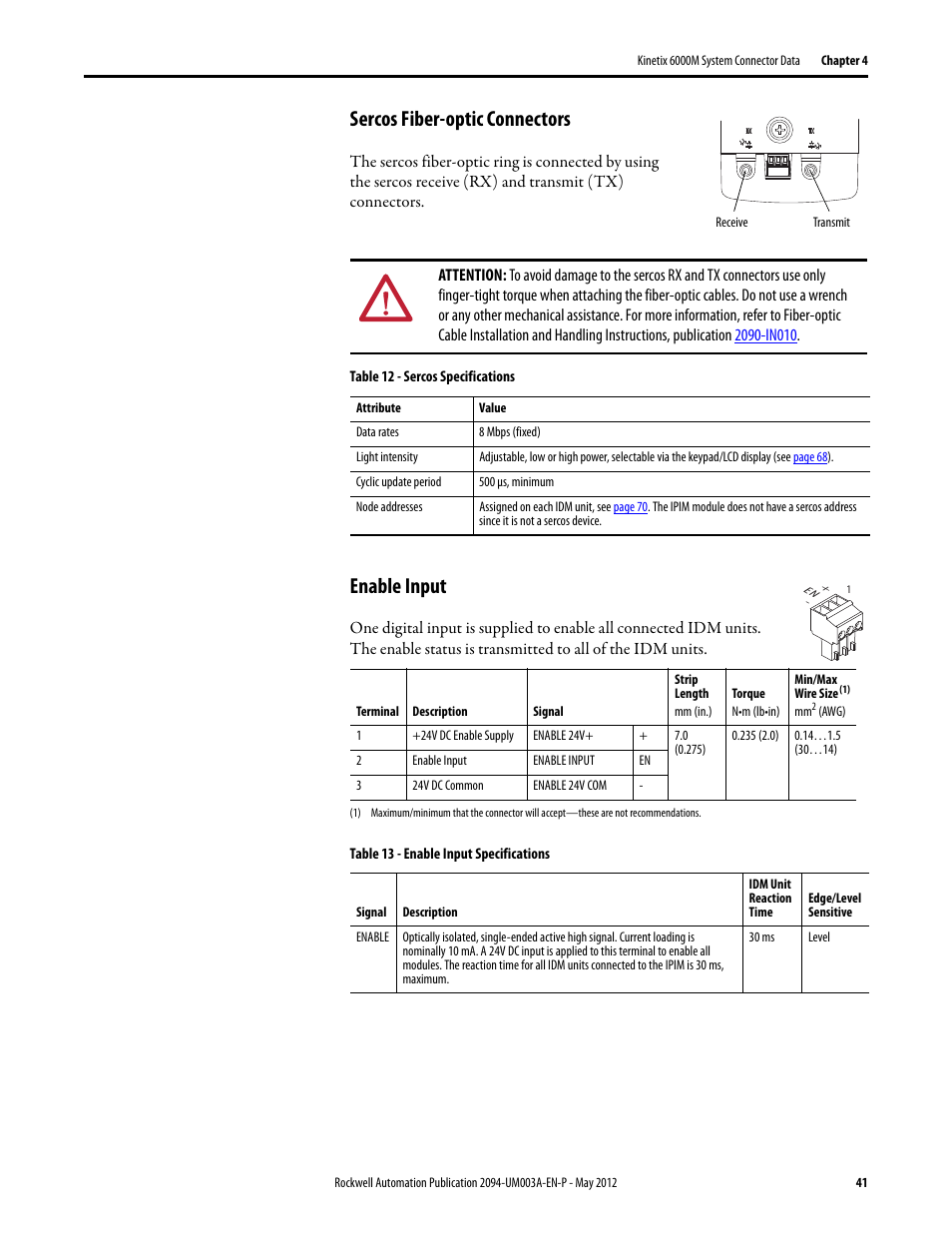 Sercos fiber-optic connectors, Enable input, Sercos fiber-optic connectors enable input | Rockwell Automation MDF-SB1304F Kinetix 6000M Integrated Drive-Motor System User Manual | Page 41 / 144