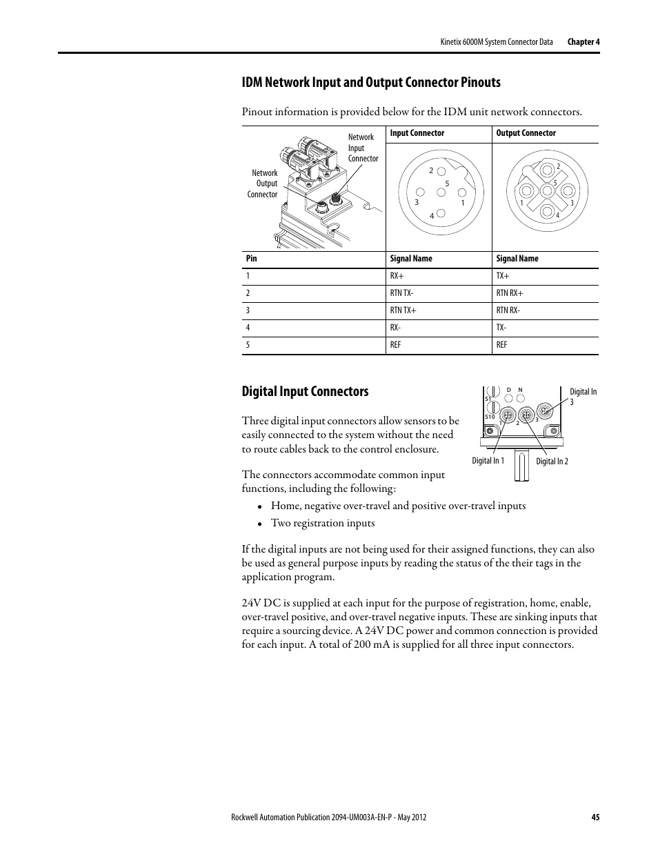 Idm network input and output connector pinouts, Digital input connectors, E of sensors (see | Rockwell Automation MDF-SB1304F Kinetix 6000M Integrated Drive-Motor System User Manual | Page 45 / 144