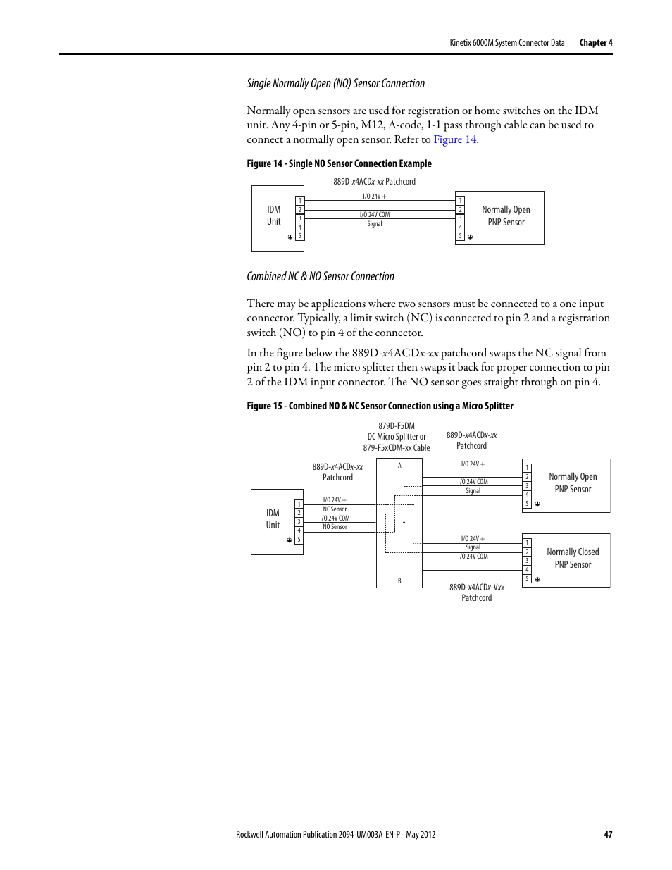 Single normally open (no) sensor connection, Combined nc & no sensor connection | Rockwell Automation MDF-SB1304F Kinetix 6000M Integrated Drive-Motor System User Manual | Page 47 / 144