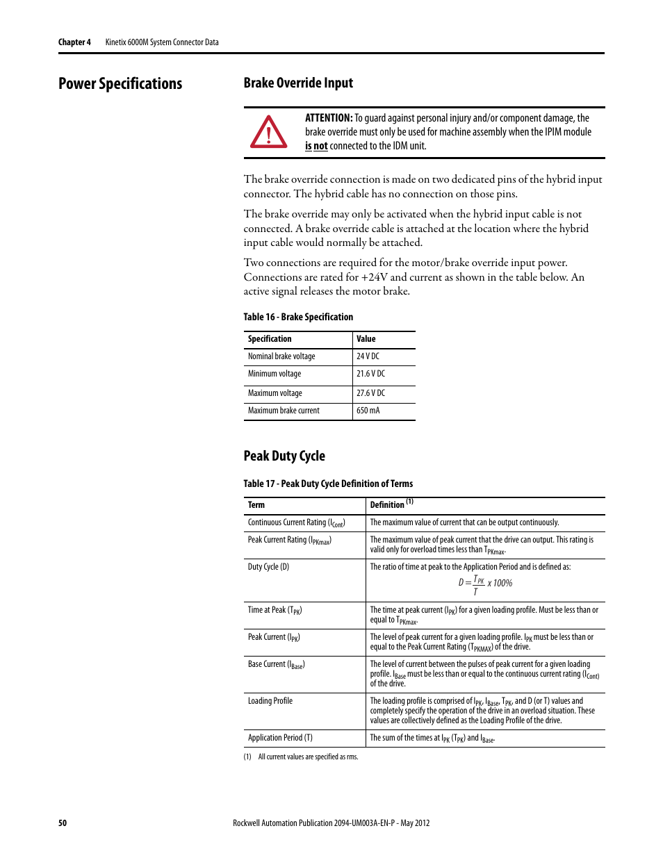 Power specifications, Brake override input, Peak duty cycle | Brake override input peak duty cycle | Rockwell Automation MDF-SB1304F Kinetix 6000M Integrated Drive-Motor System User Manual | Page 50 / 144