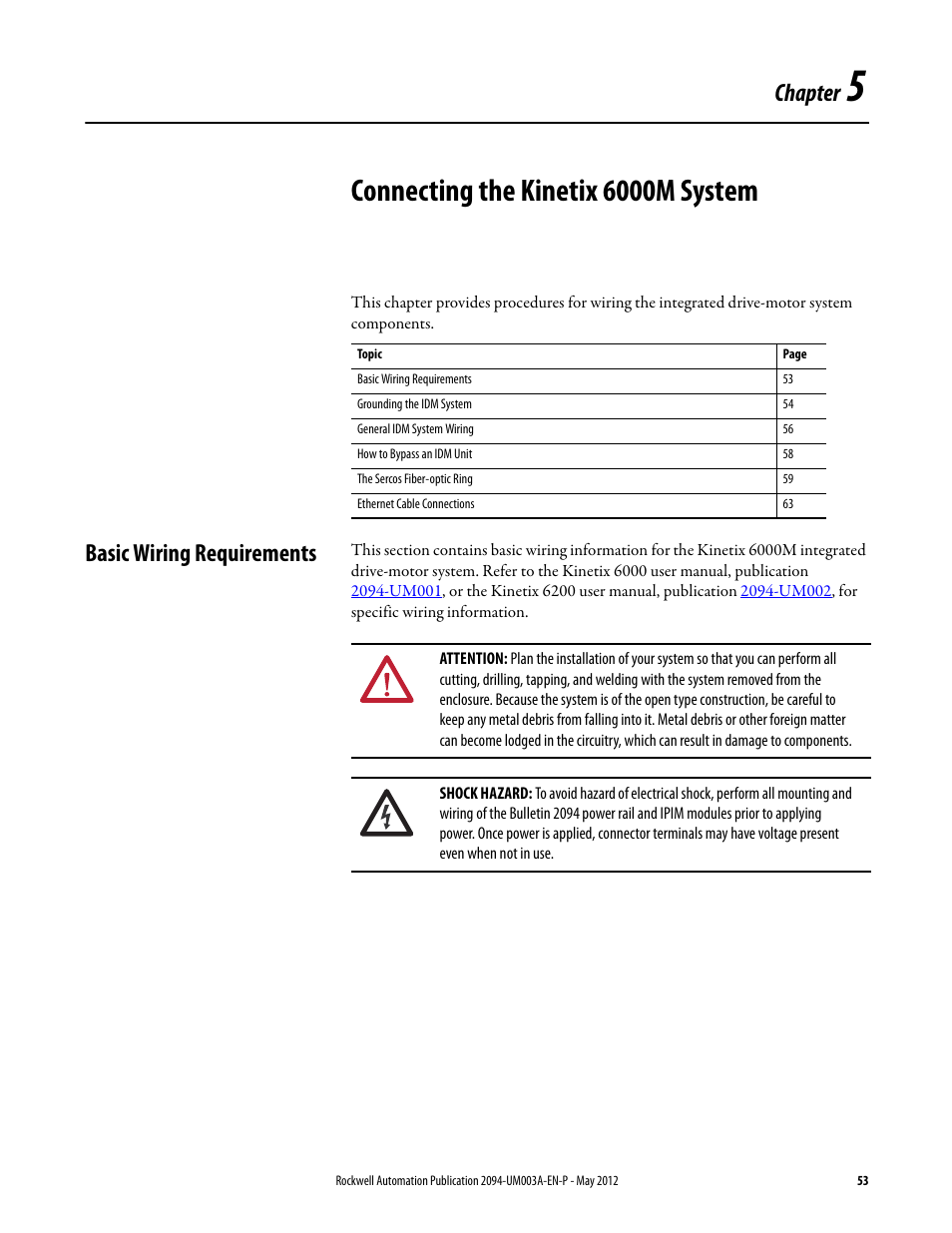Chapter 5, Connecting the kinetix 6000m system, Basic wiring requirements | Chapter | Rockwell Automation MDF-SB1304F Kinetix 6000M Integrated Drive-Motor System User Manual | Page 53 / 144