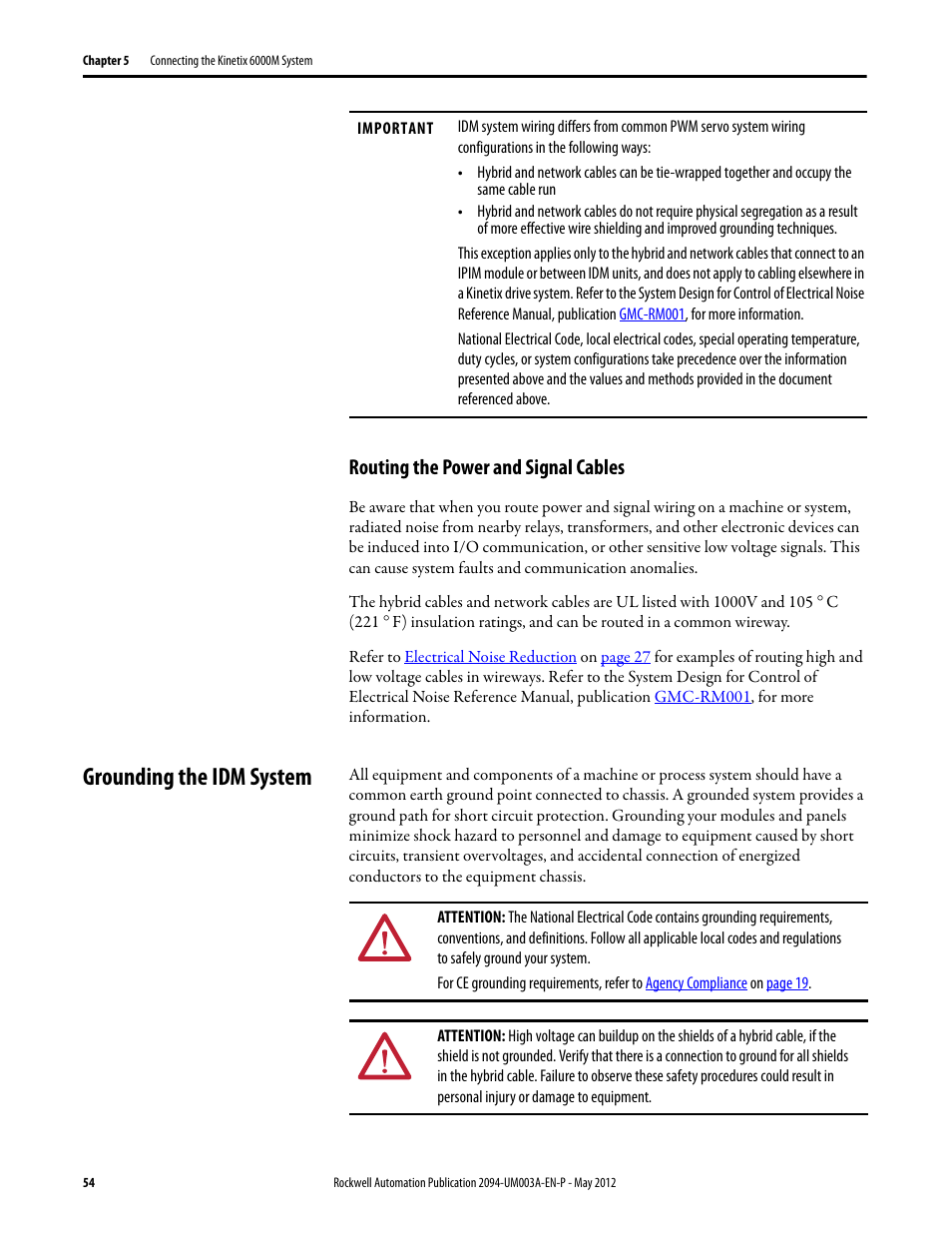 Routing the power and signal cables, Grounding the idm system, Refer to | Rockwell Automation MDF-SB1304F Kinetix 6000M Integrated Drive-Motor System User Manual | Page 54 / 144